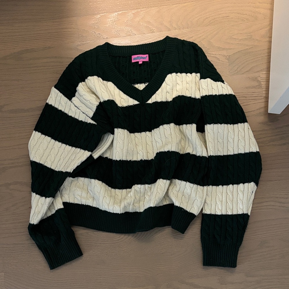 Edikted Green & white Striped V-Neck Cable Knit Sweater